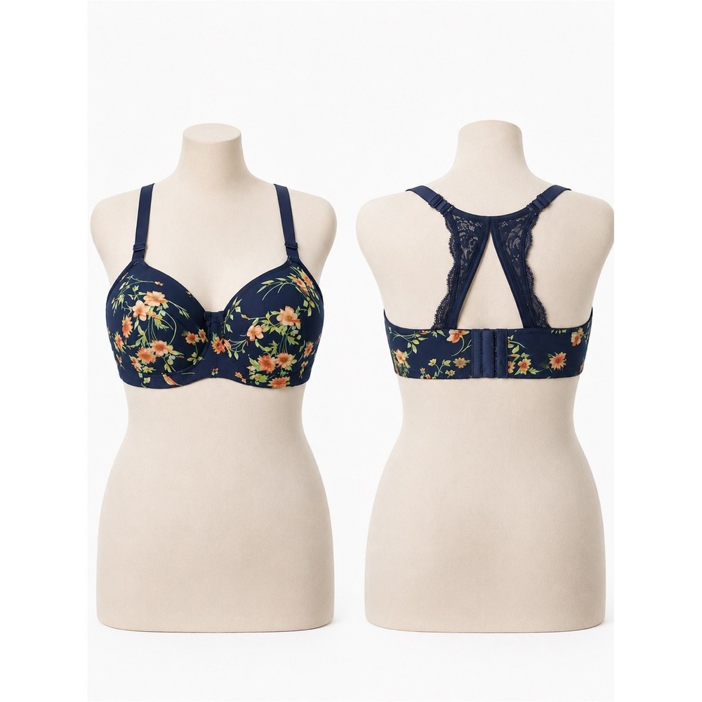 Cacique 38DDD Navy Floral Lace Racerback Bra Plus Size Underwire Comfort Lift